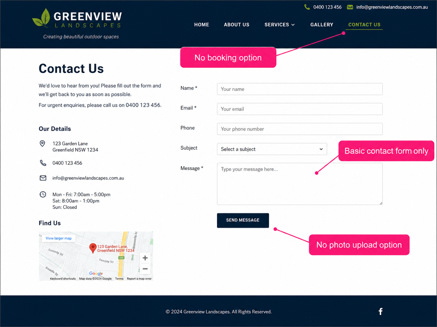 Landscaping website example showing missing booking and enquiry features