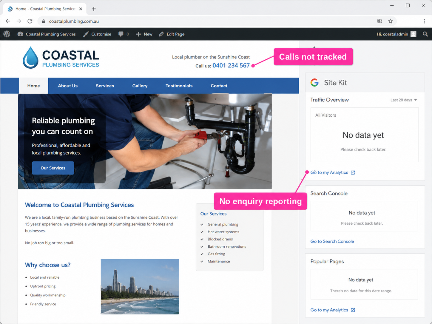 Website example showing missing call tracking and missing enquiry reporting