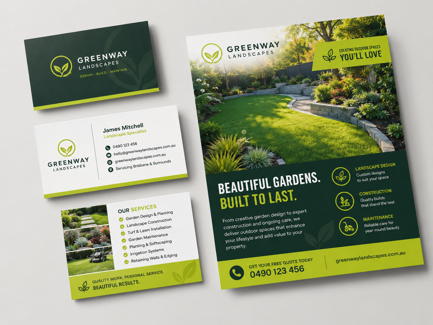 Landscaping launch pack with flyer, brochure, social tile and Facebook cover mockups