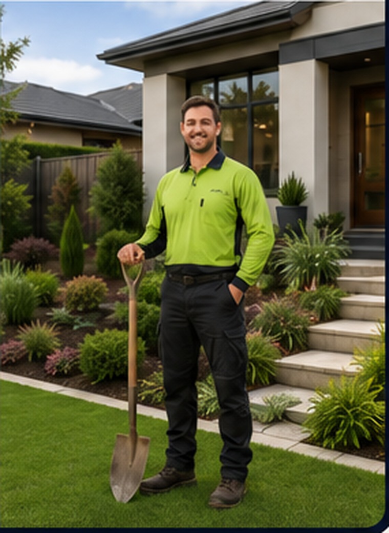 Professional landscaper standing in front of a modern home and landscaped garden